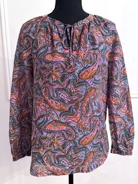 J.Crew Size 00 Cotton Silk Paisley Peasant Blouse Blue Pink Tie Neck Long Sleeve